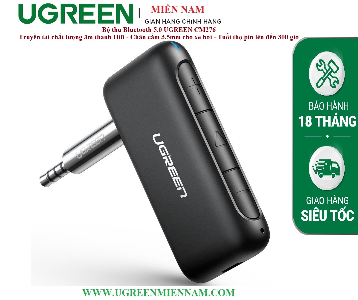 Bộ thu Bluetooth 5.0 UGREEN CM276 - Truyền tải chất lượng âm thanh Hifi - Chân cắm 3.5mm cho xe hơi - Tuổi thọ pin lên đến 300 giờ – Ugreen Miền Nam